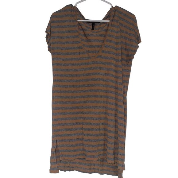BCBGMAXAZRIA V Neck T Shirt Top Size Small Gray Muted Yellow Brown Stripe - Picture 1 of 5